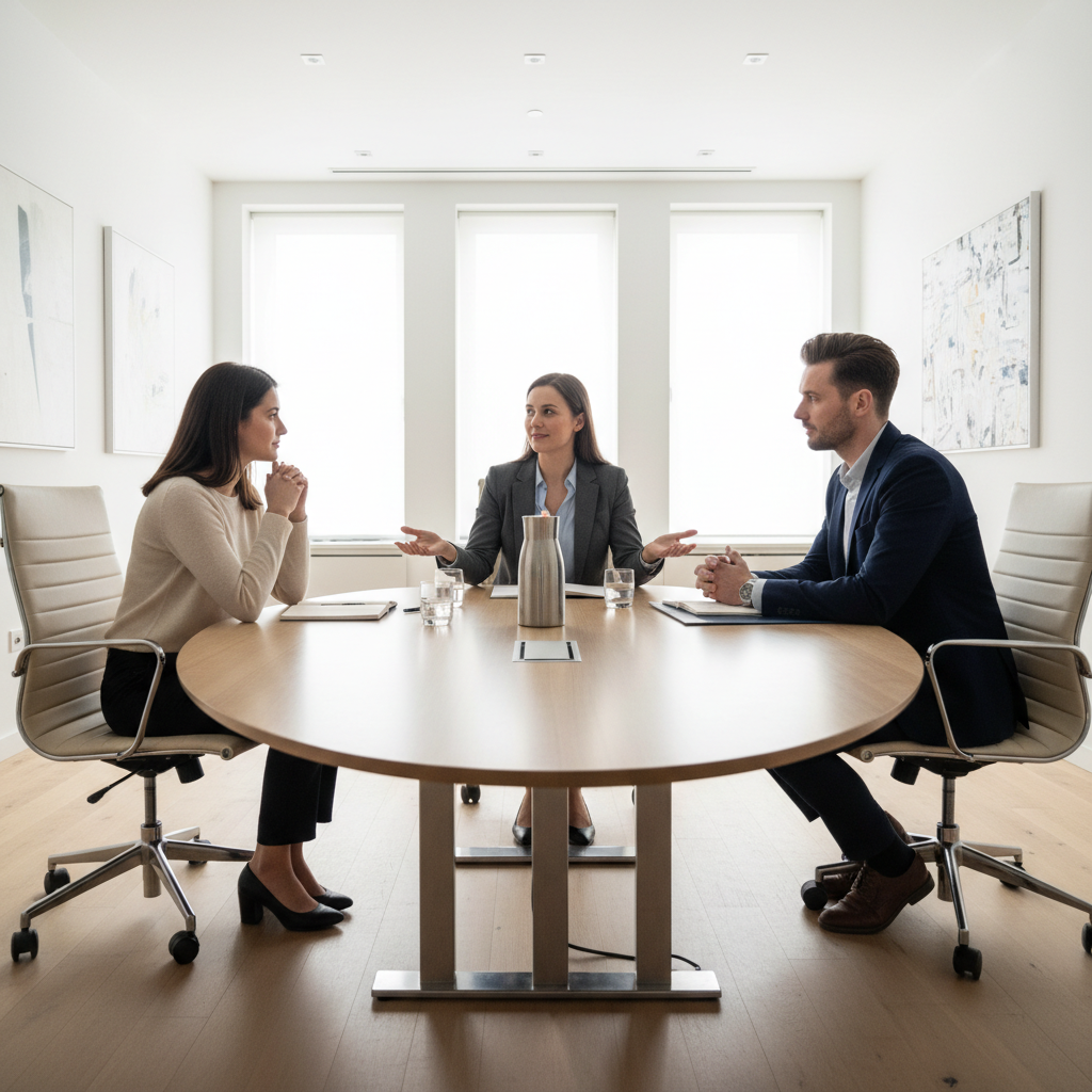 Two professionals in a meeting room, one interviewing the other, bright natural light