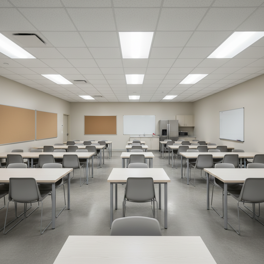 Blank office breakroom with plain tables and overhead lighting