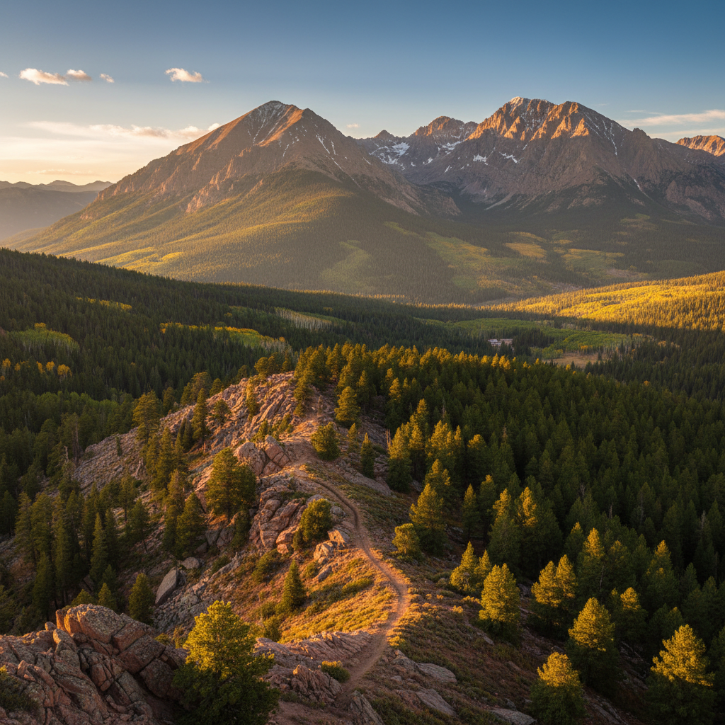 Rocky Mountain wilderness trail in Colorado, dramatic peaks, pine forest, golden afternoon light, vast open landscape