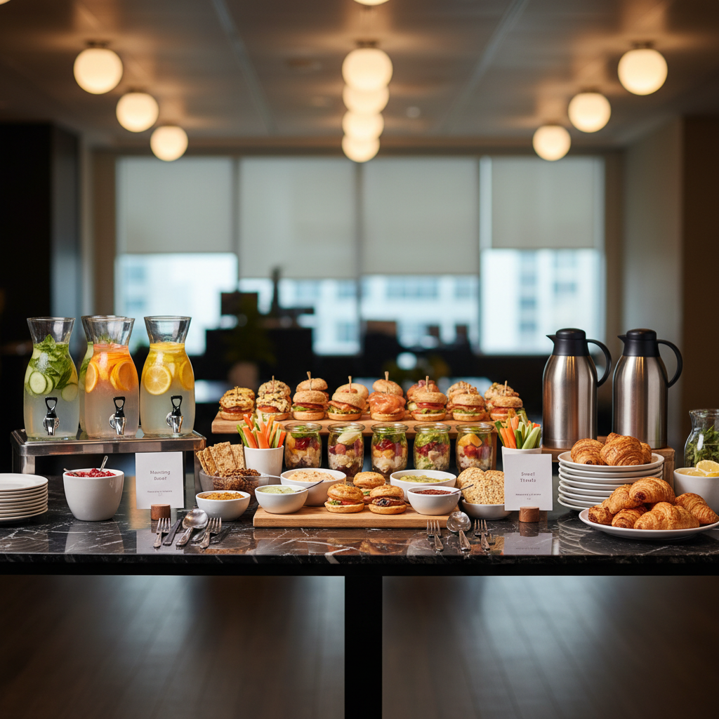 Corporate Events catering setup with Indian food, warm ambient lighting, elegant event decoration