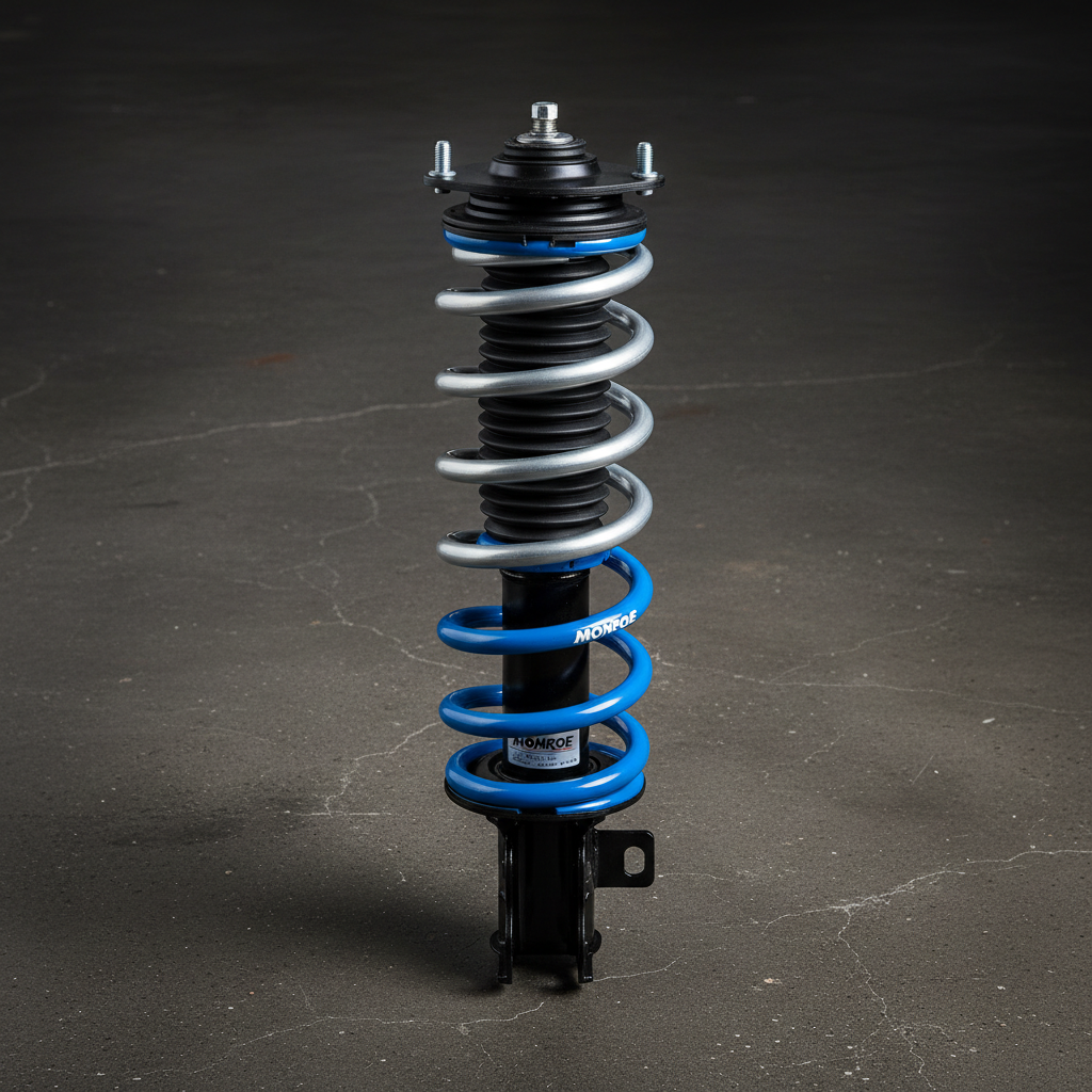 Monroe strut assembly on dark concrete floor with workshop lighting
