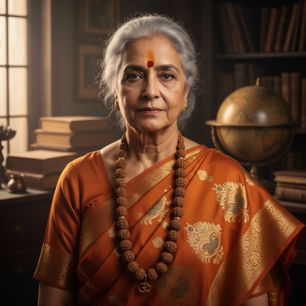 Indian woman astrologer with warm smile and traditional jewelry