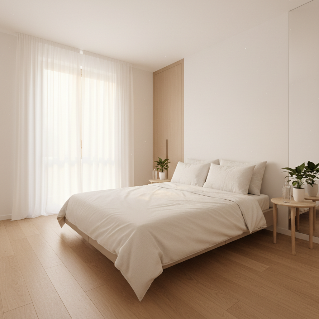 Bright morning bedroom with clean surfaces and allergen-free environment after complete mattress extraction and air purification