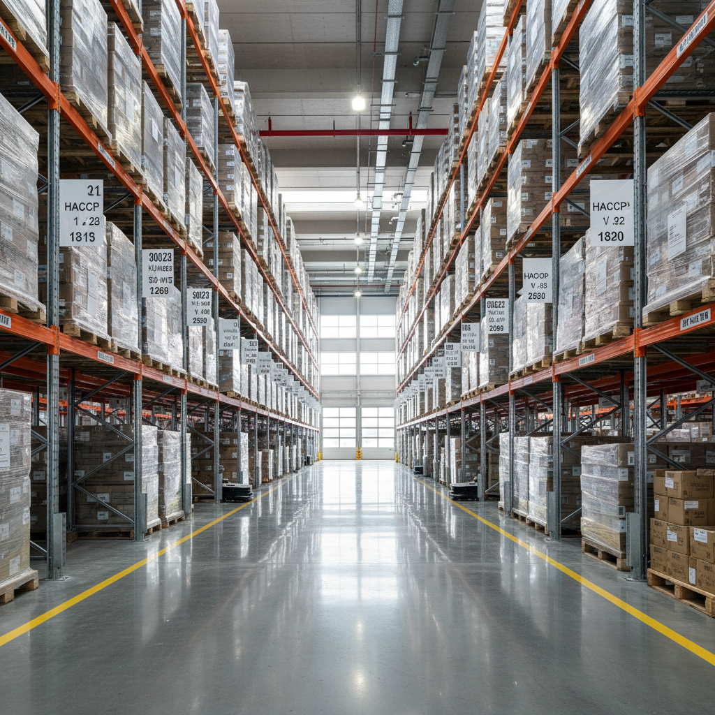 Bright warehouse with organised shelving and inventory management screens, clean industrial lighting, modern logistics environment