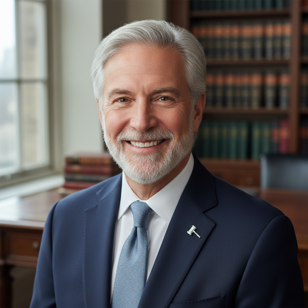 Attorney smiling warmly, silver-haired litigator