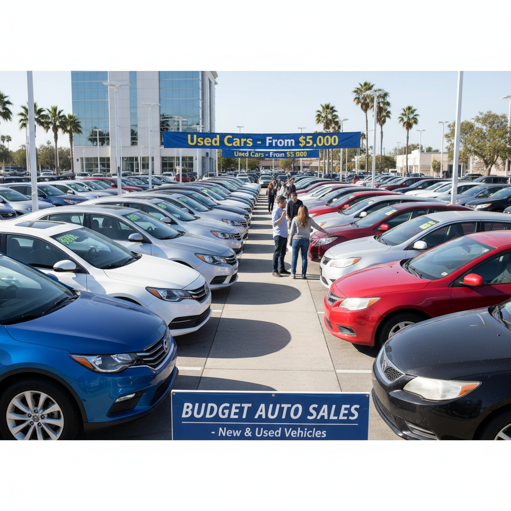 Side by side comparison of new and used cars at a dealership, showing different price points and conditions for budget-conscious car buyers in 2026