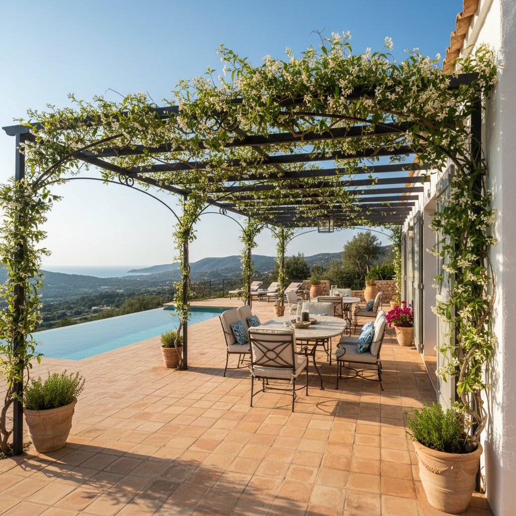 Mediterranean villa interior with arched doorways, terracotta floors, whitewashed walls, and panoramic sea views