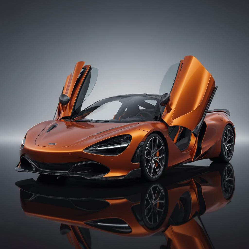 McLaren 720S in deep purple, dihedral doors visible, dramatic low-angle shot, dark concrete floor with orange ambient lighting