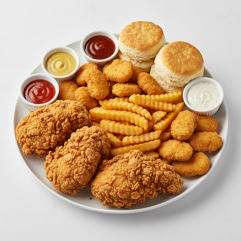 Combo Familiar Frisby: diez presas de pollo apanado con dos bandejas de papas, dos ensaladas y tres gaseosas para compartir