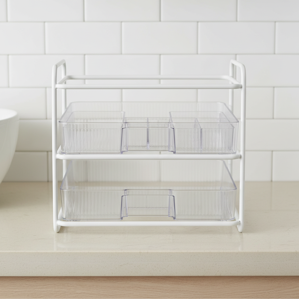 Under-sink bathroom organiser with stackable trays