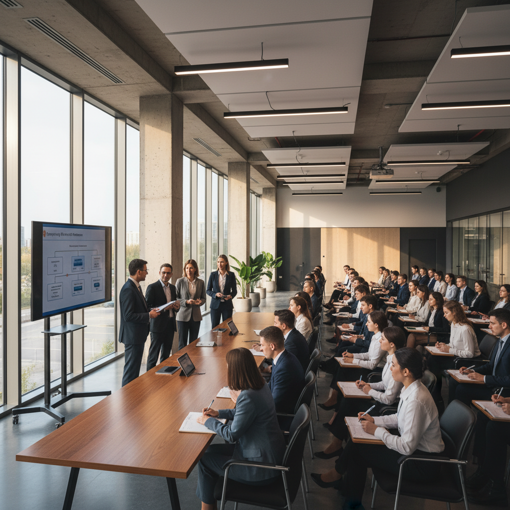 Corporate workshop setting with engaged participants, warm conference room lighting, professional training environment