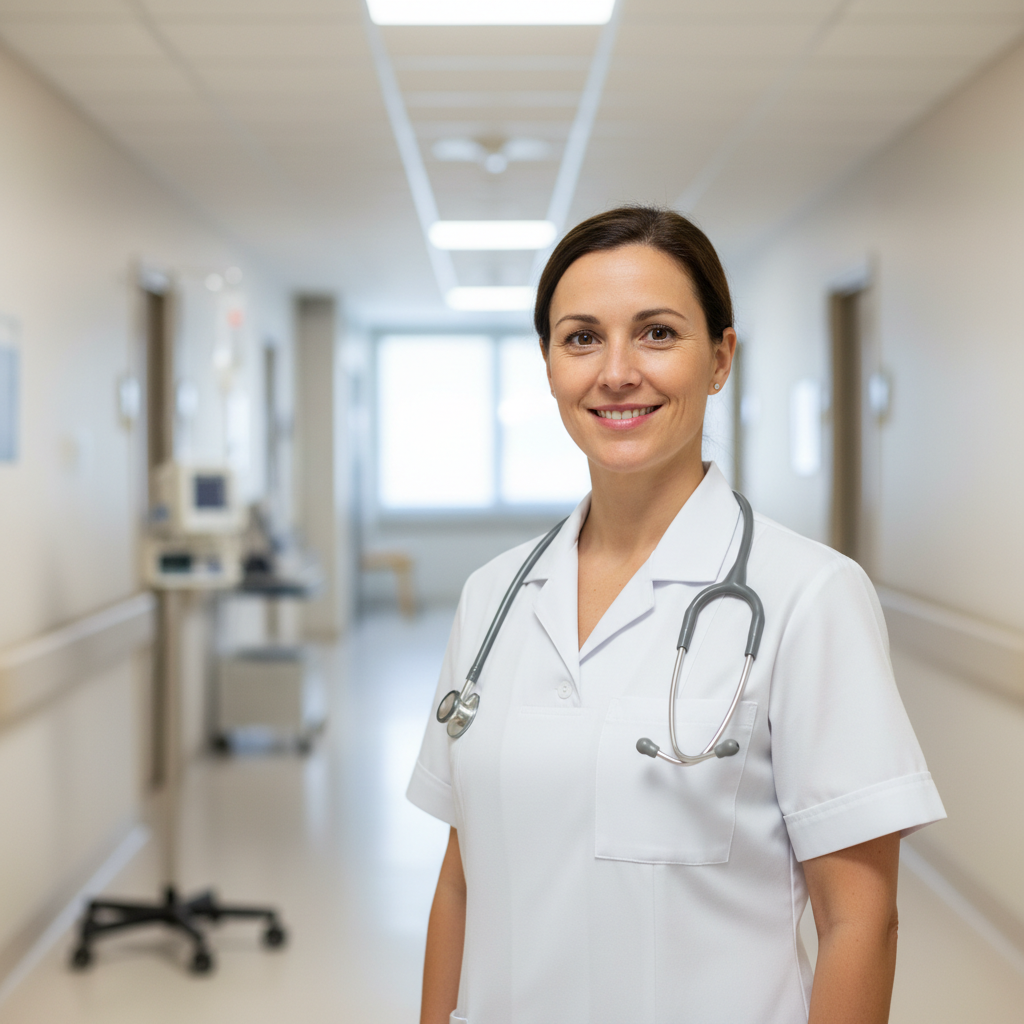 Male nurse with warm smile standing in hospital hallway
