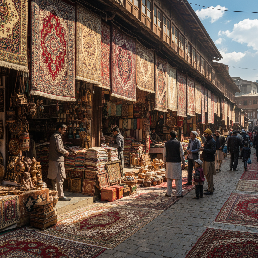 Srinagar old city market with traditional Kashmiri handicraft shops