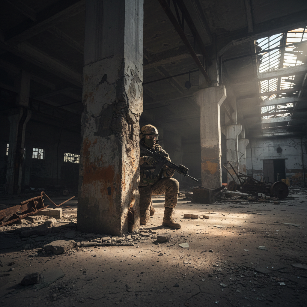 Operator behind cover in industrial ruins, dramatic side lighting, heavy shadows, gritty concrete environment