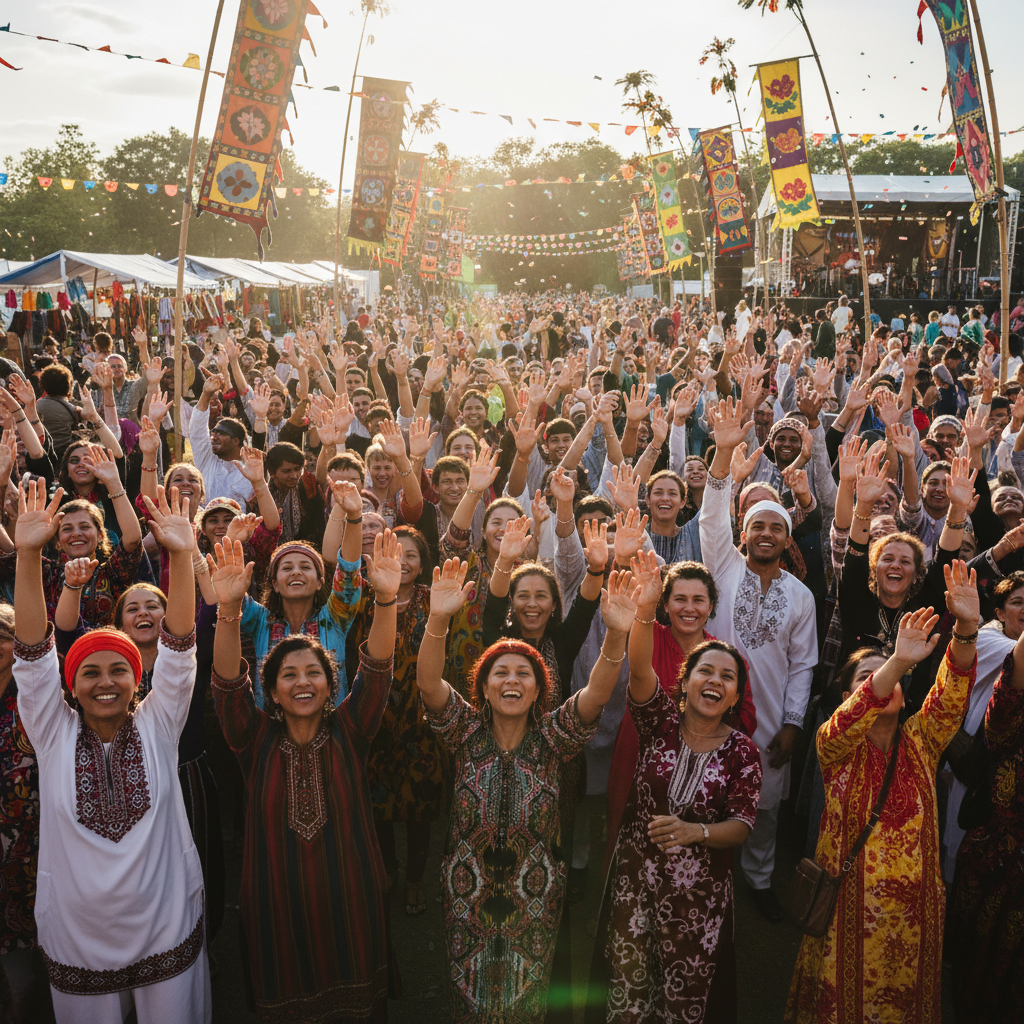 Community members celebrating with raised hands at outdoor cultural festival