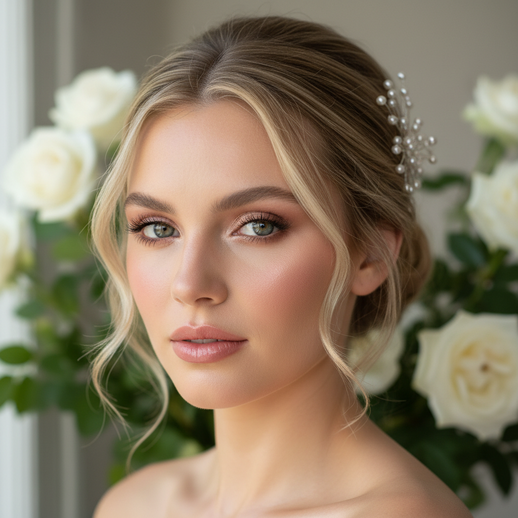 Bridal beauty look with dewy glass skin effect and soft blush on cheekbones