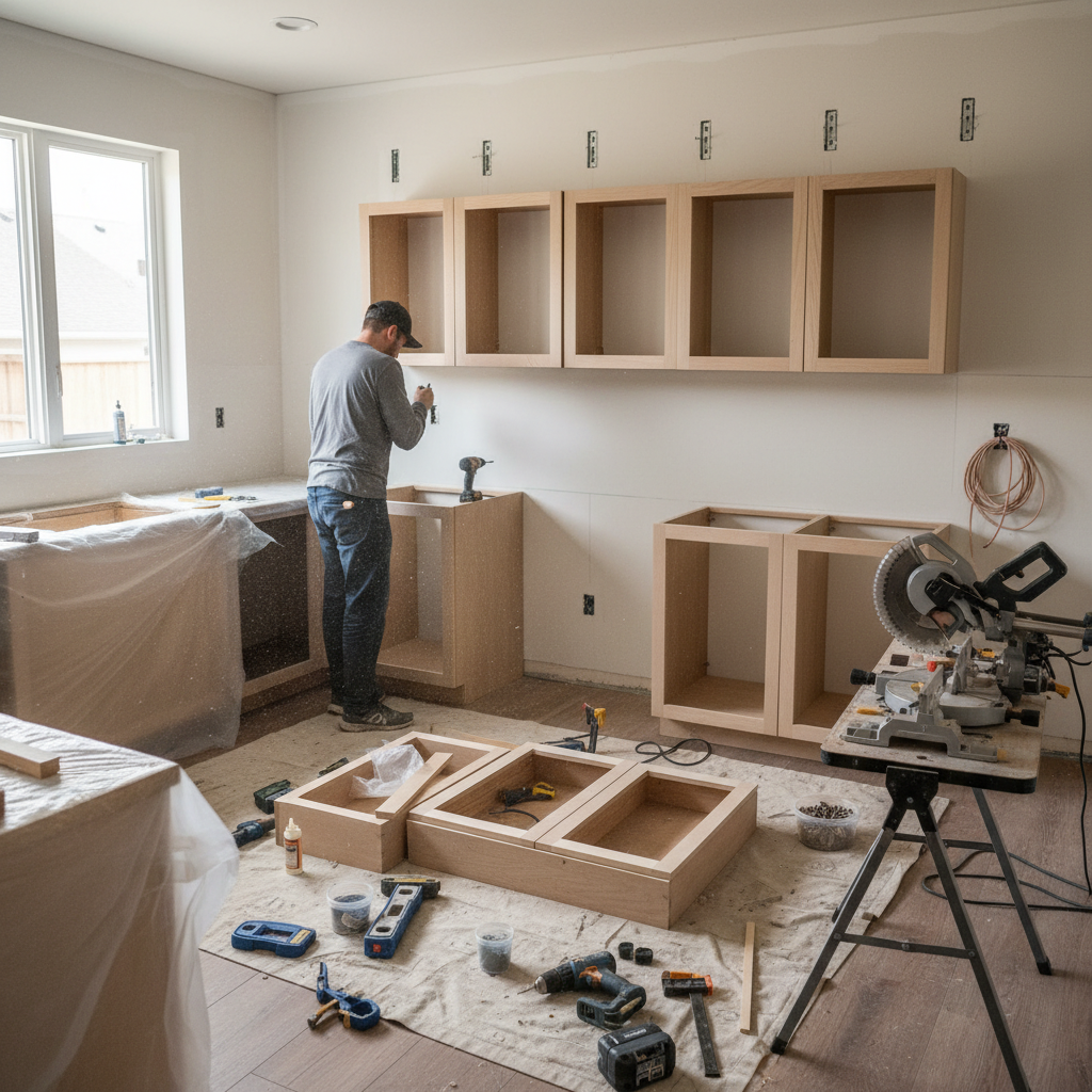 Robert, owner of EMI General Contractors, overseeing kitchen cabinet installation in a Dallas home — professional, hands-on, focused