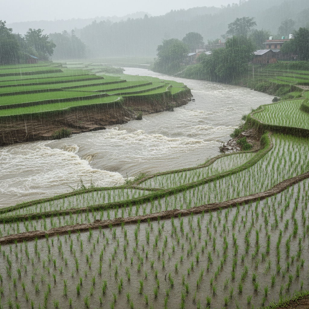 Monsoon season showing Ghaghara river in full flow with lush green rice paddies and refreshing rainfall over Omer Cottage landscape