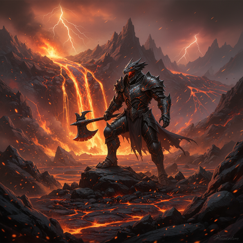 Iron Rift Origins reveal cinematic with armored figure emerging from volcanic debris