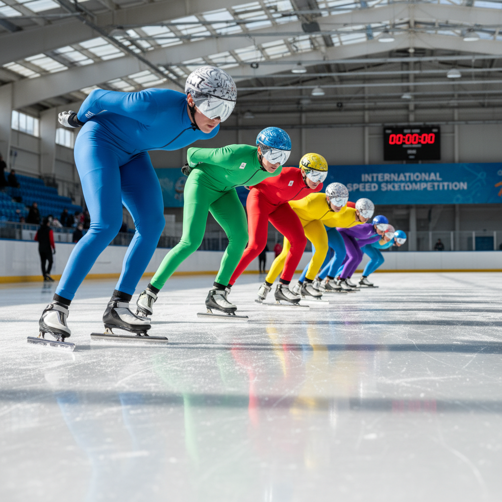Group of speed skaters lined up at starting position