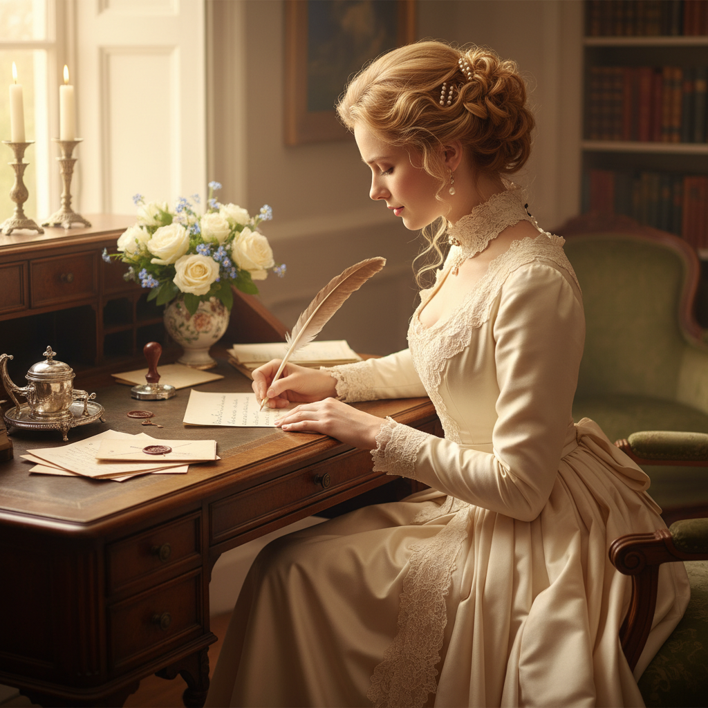 African woman writing a heartfelt letter, warm desk lighting, reflective atmosphere