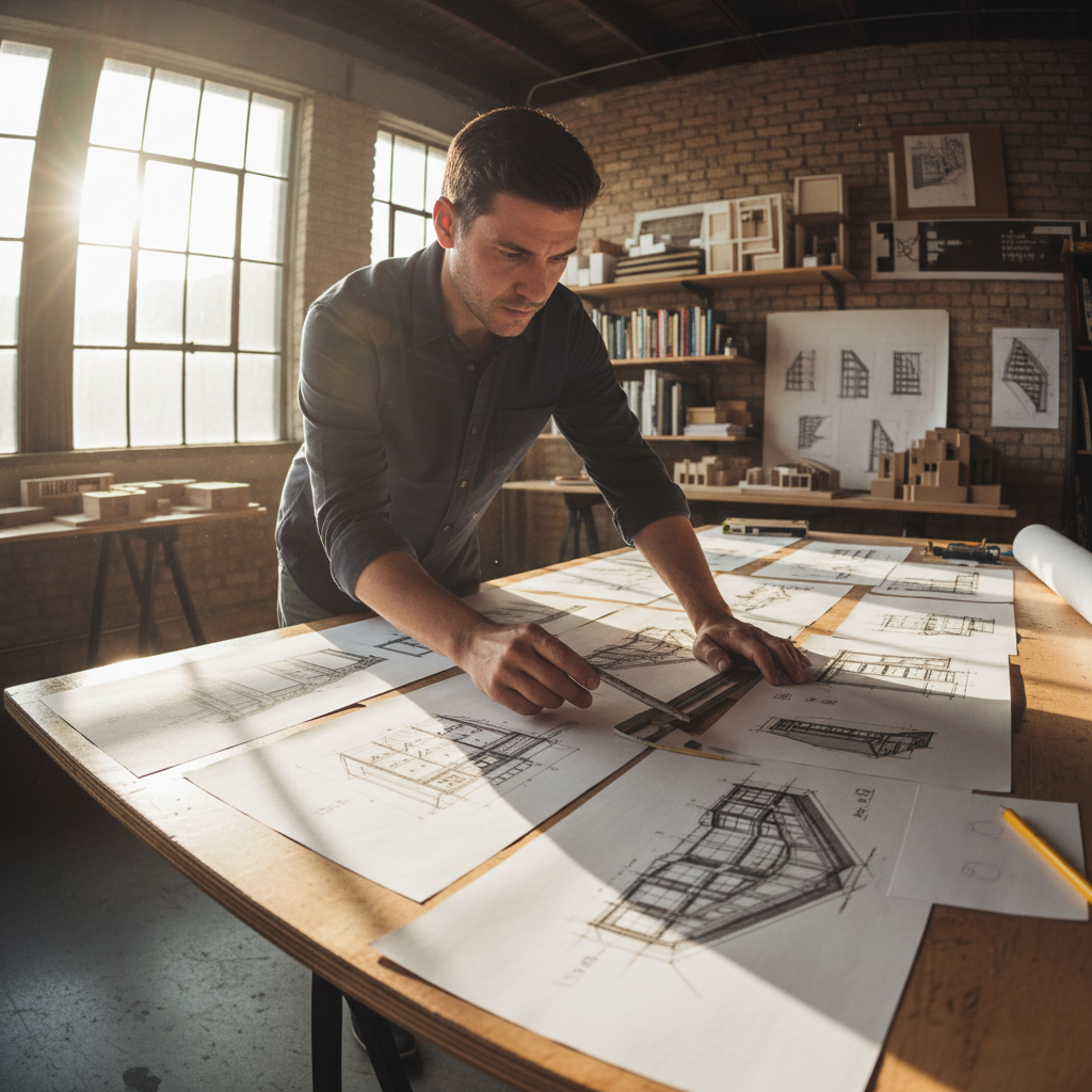Architectural site analysis drawings spread on drafting table, pencil sketches and diagrams showing site constraints