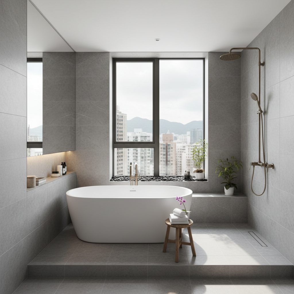 Elegant bathroom renovation with freestanding tub and natural stone tiles