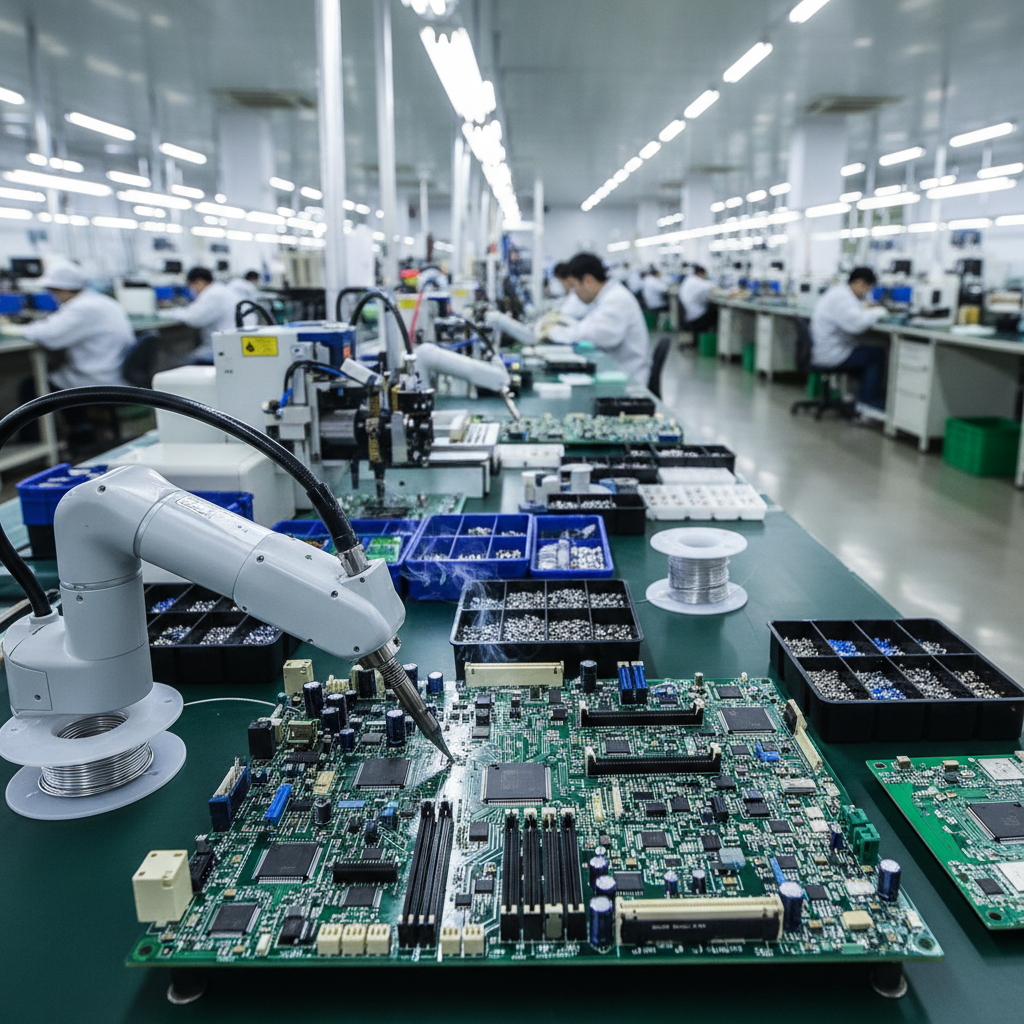 PCB assembly line with components and soldering station at WEBUILDPRO engineering workshop in Bangalore