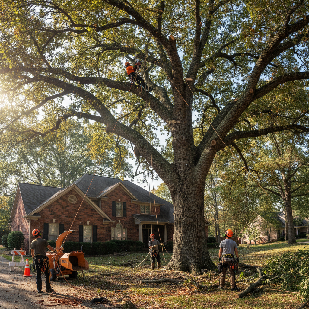 Large oak tree being safely removed by crew near a residential home