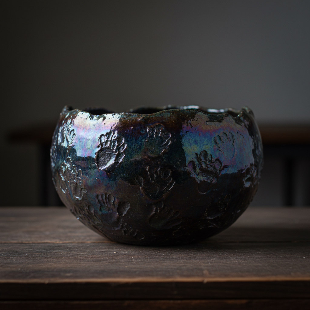 Dark stoneware vessel with oil-slick tenmoku glaze, handbuilt with visible thumb impressions on the surface