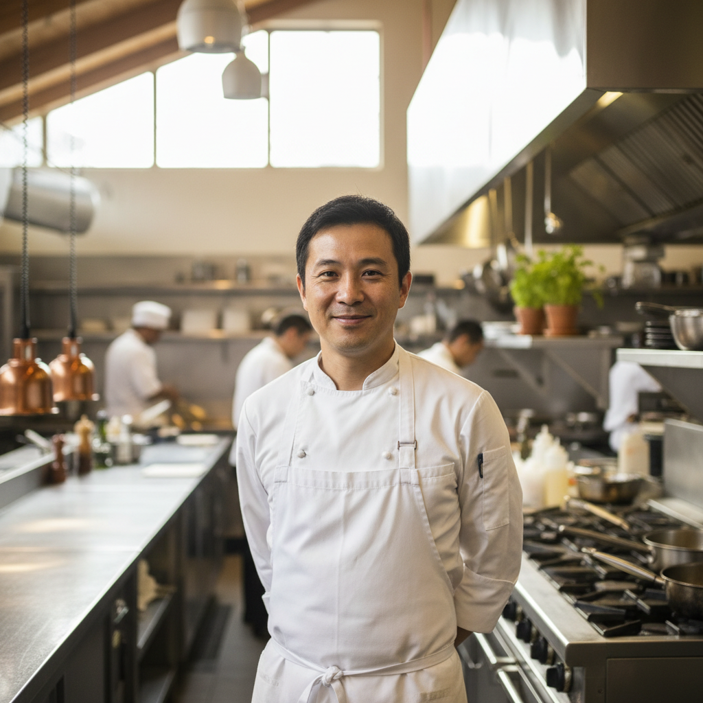 James Okafor, restaurant owner of Ember and Ash, confident headshot in kitchen setting