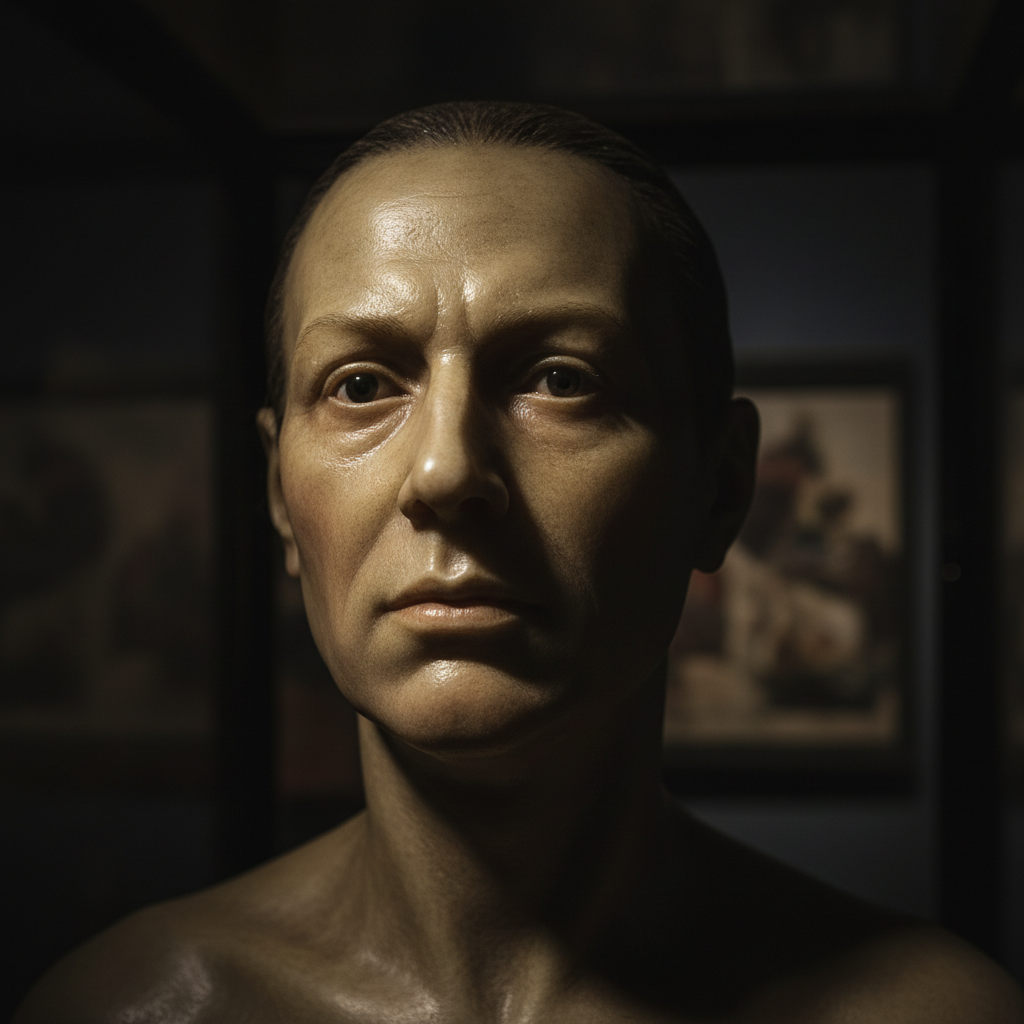 Shadowy wax figure with dramatic side lighting creating unsettling realistic effect