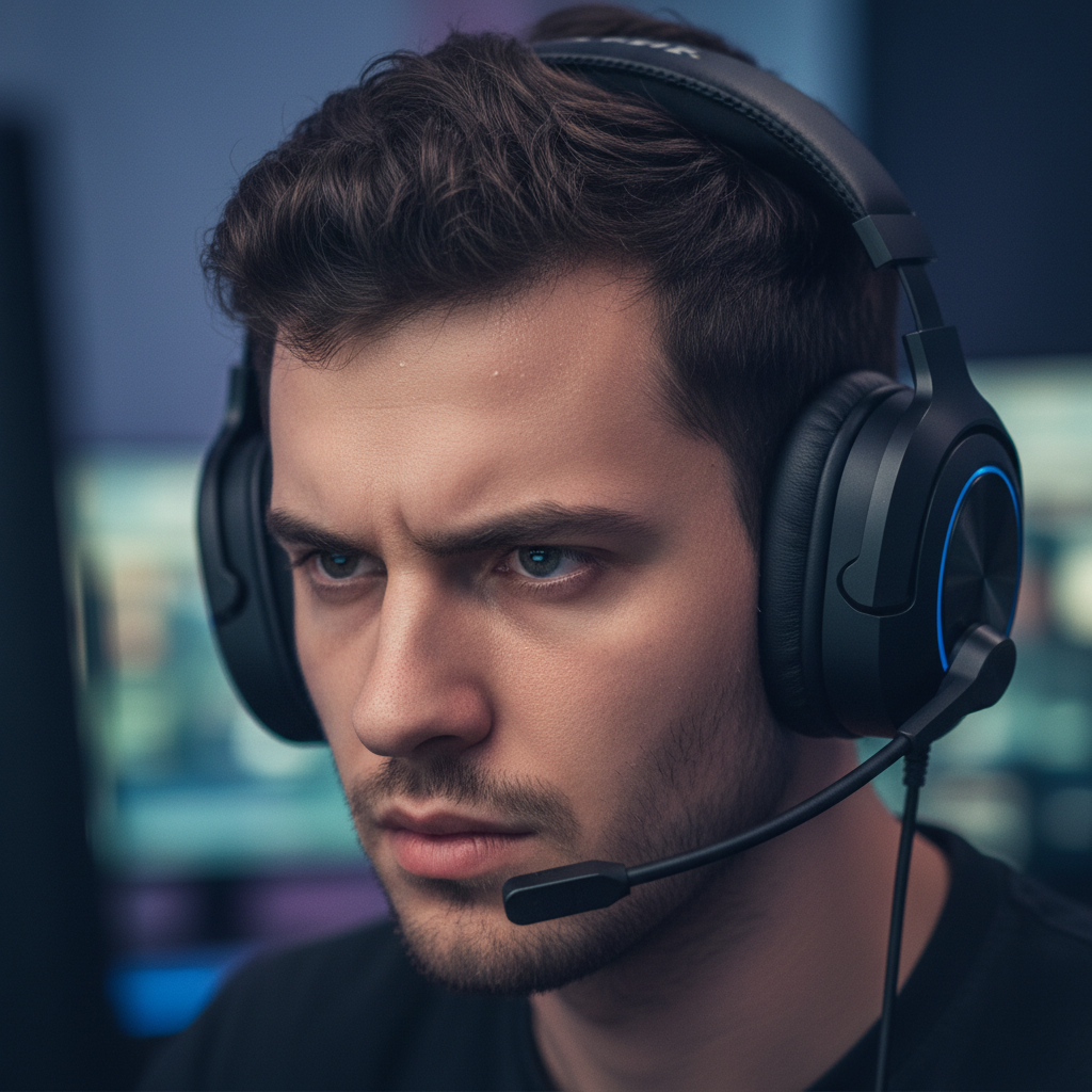 Young man with short black hair wearing gaming headset in front of computer setup