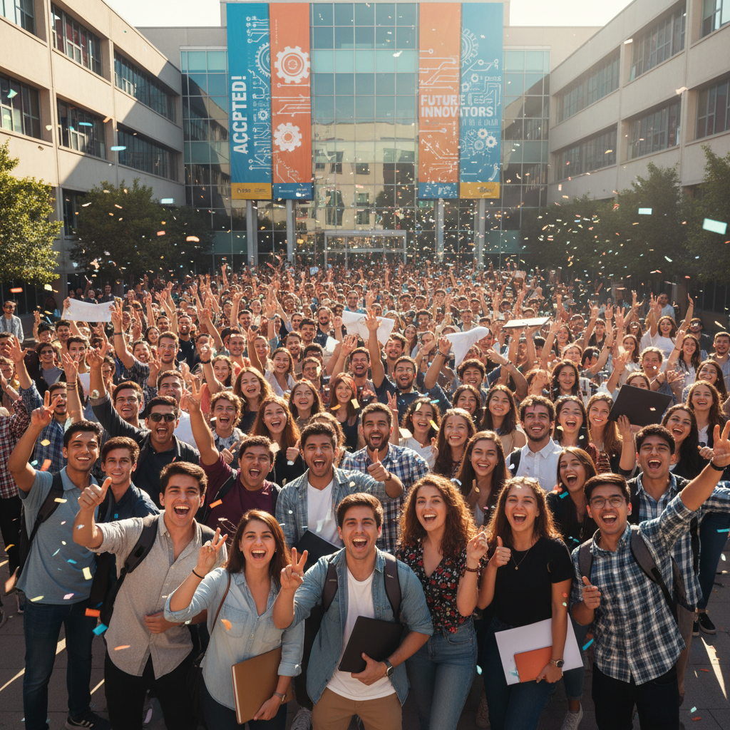 African university students celebrating on campus, bright sunny day, academic building background