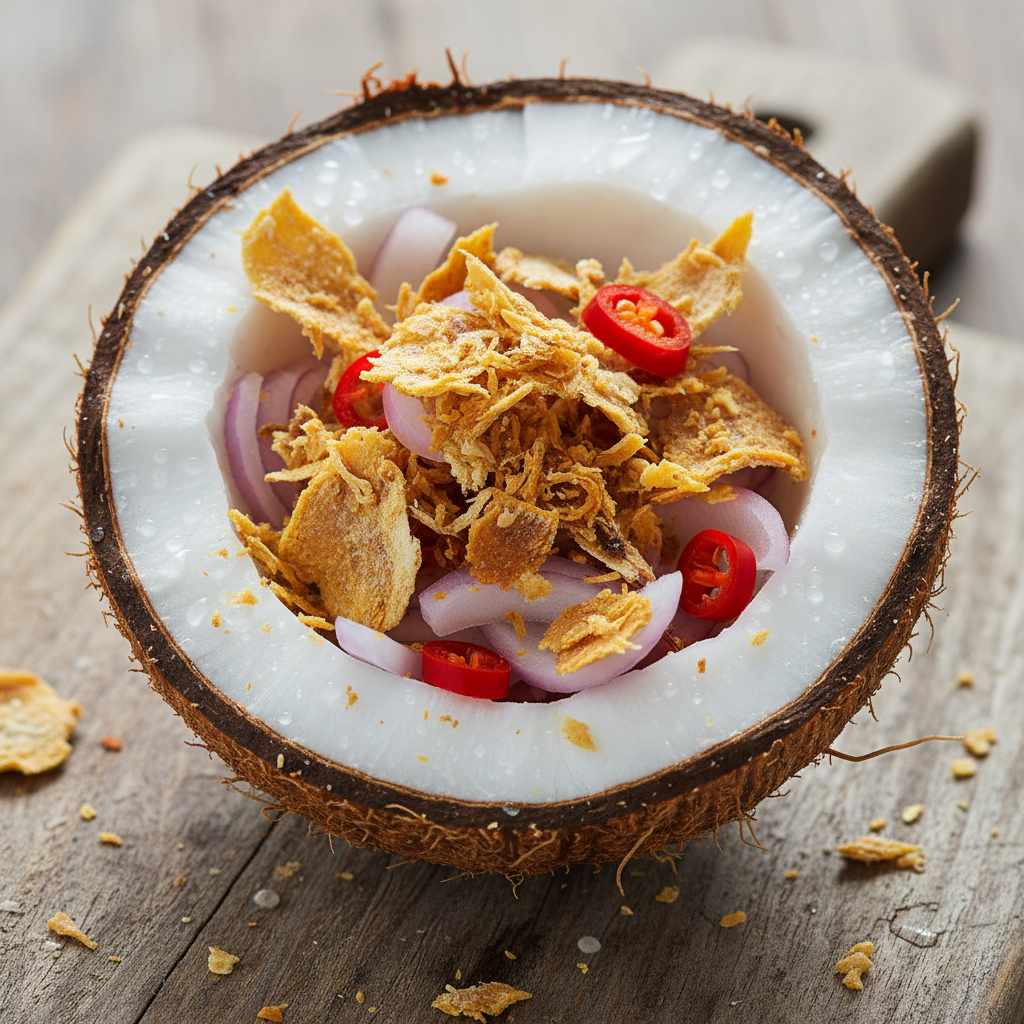Freshly cracked coconut half with dried Maldive fish, red chilli and onion on wooden board