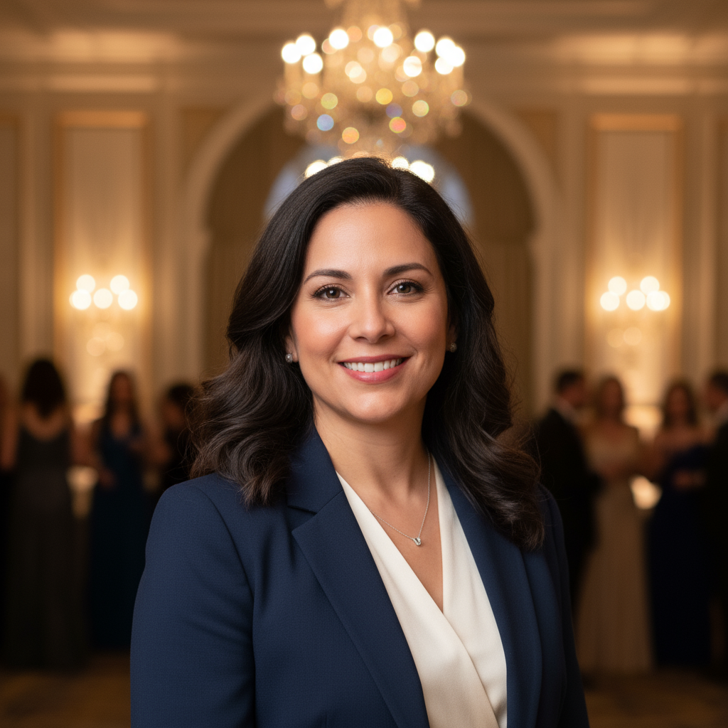 Hispanic family dressed in formal attire celebrating together at elegant party venue with decorative lighting