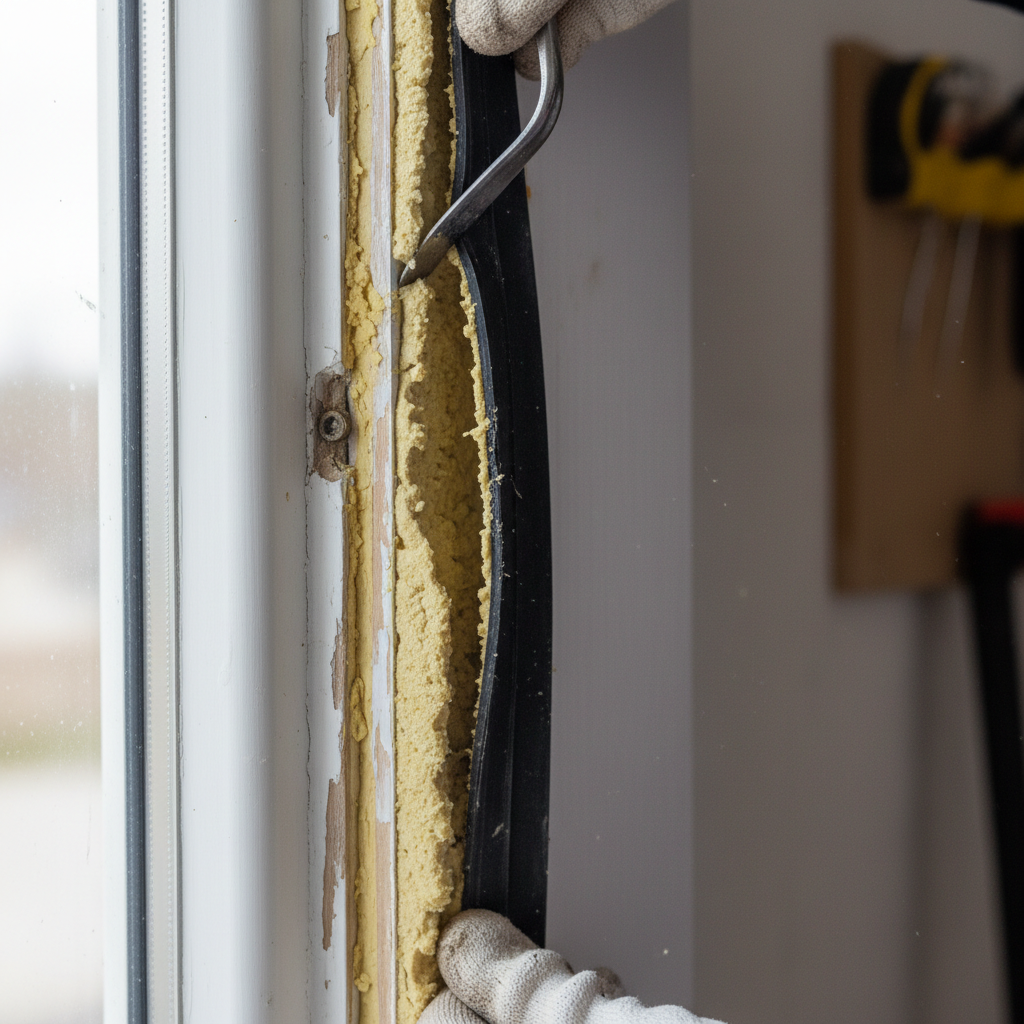 Technician removing old weatherstripping from door frame showing compressed foam
