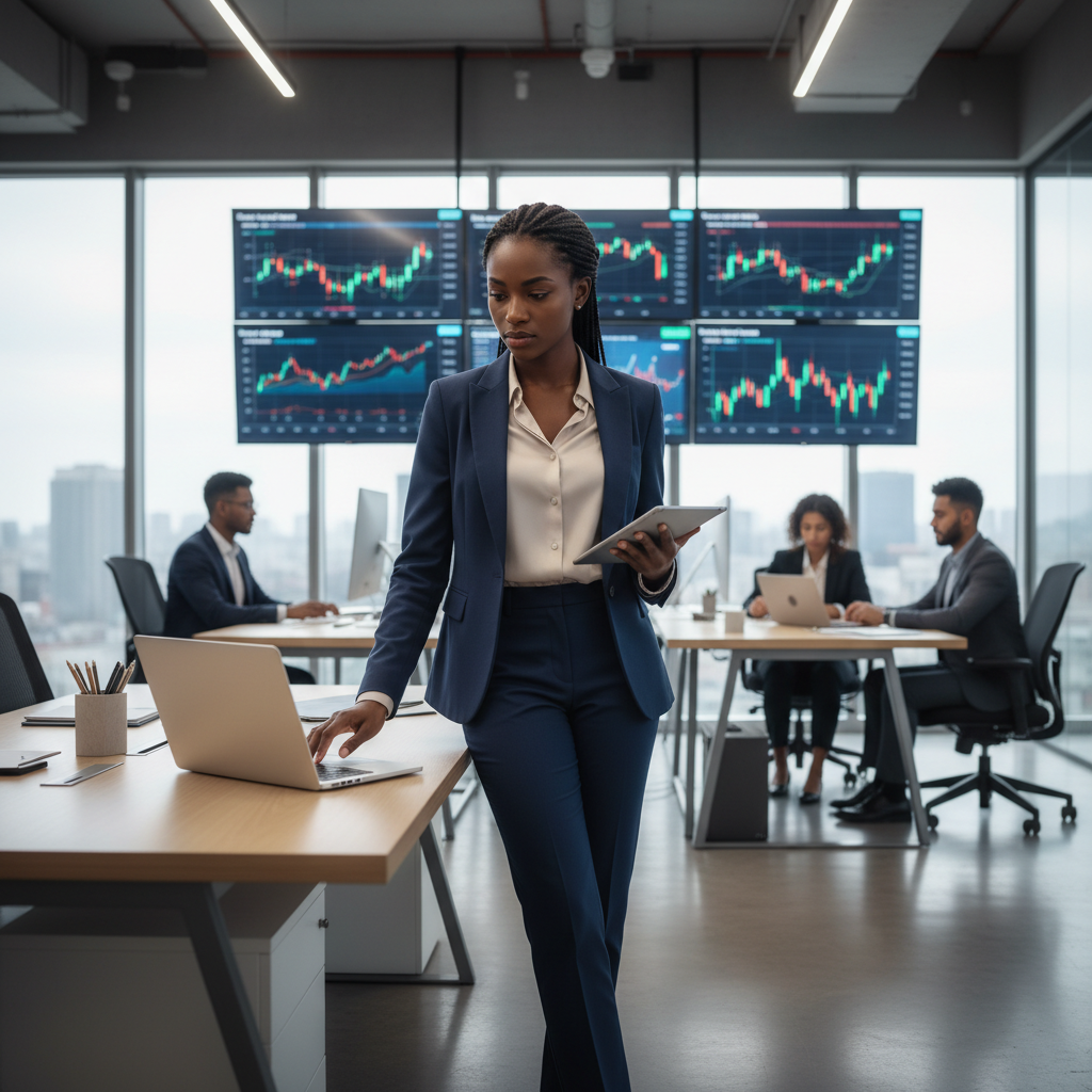 Camille Okonkwo, Black woman sports facility manager in professional attire