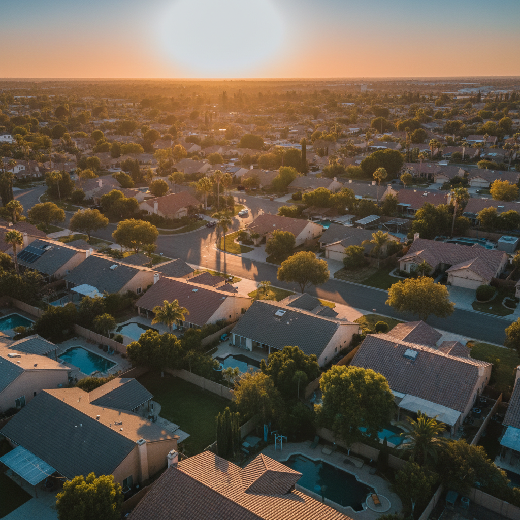 Aerial drone view of rooftops at golden hour with long warm shadows across residential neighborhood