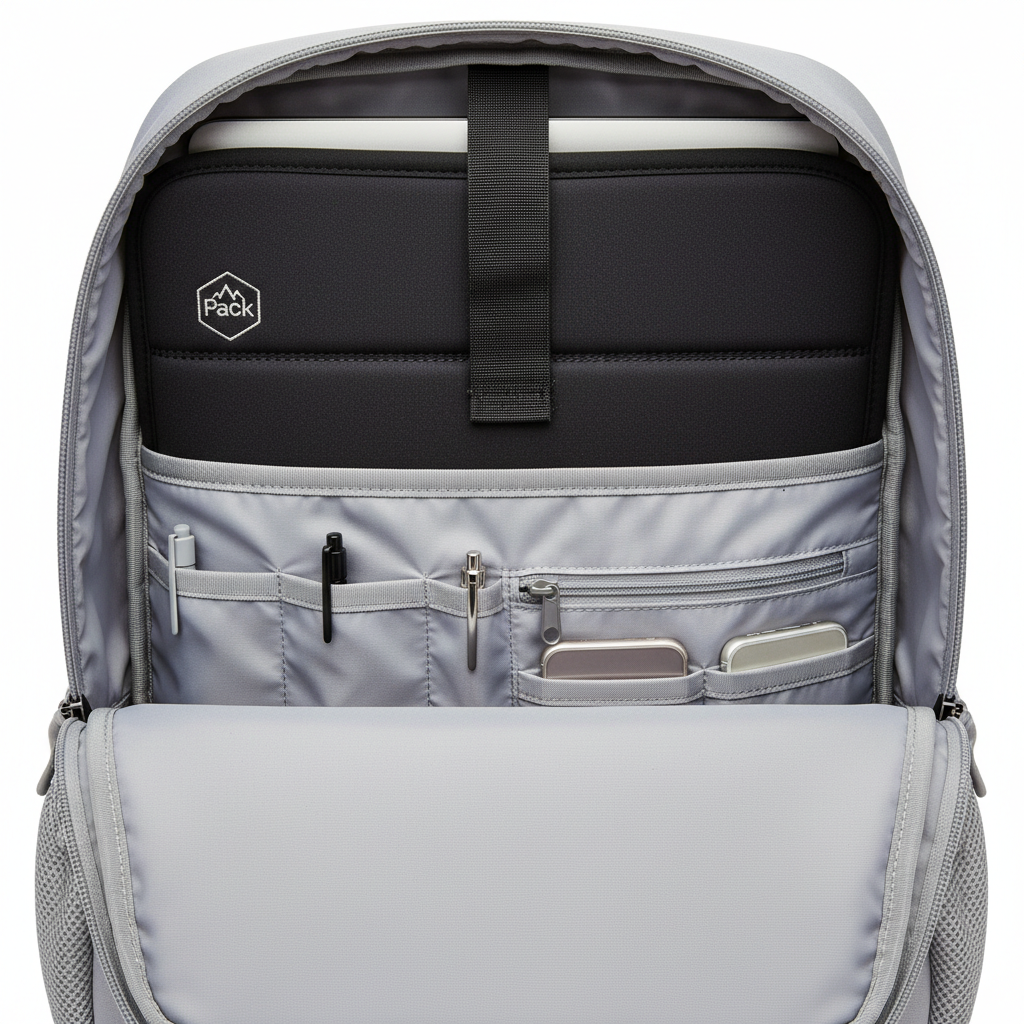 Interior of Pack backpack showing organized pocket system with padded laptop sleeve