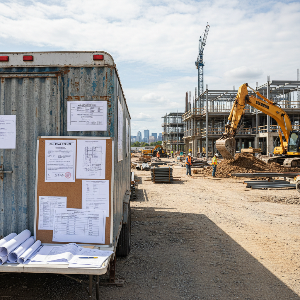 Commercial construction site with building permits posted and planning documents visible on site trailer