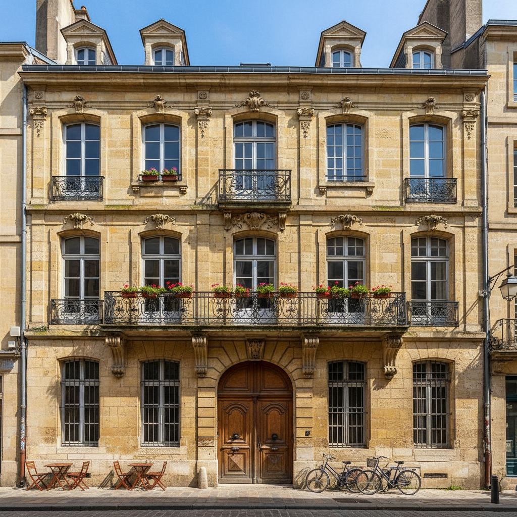 Façade en pierre de taille d'une maison bordelaise traditionnelle dans le quartier des Chartrons