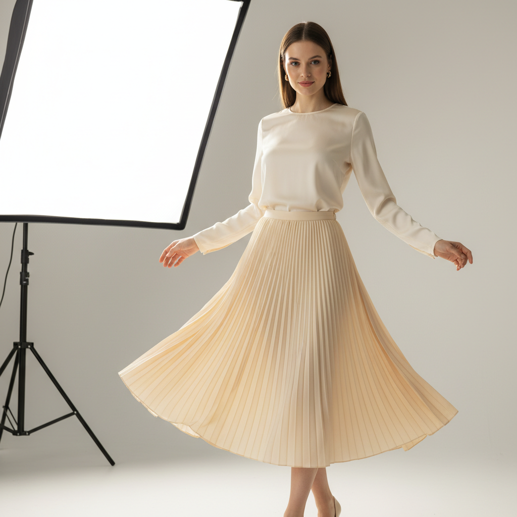 Pleated midi skirt cream fabric bright editorial studio