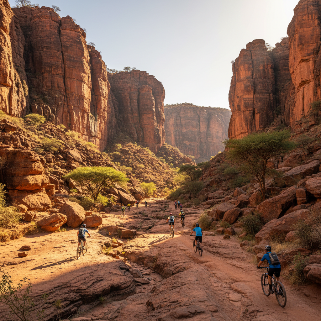 Hell's Gate gorge red rock cliffs, cyclists on path, Kenya Rift Valley
