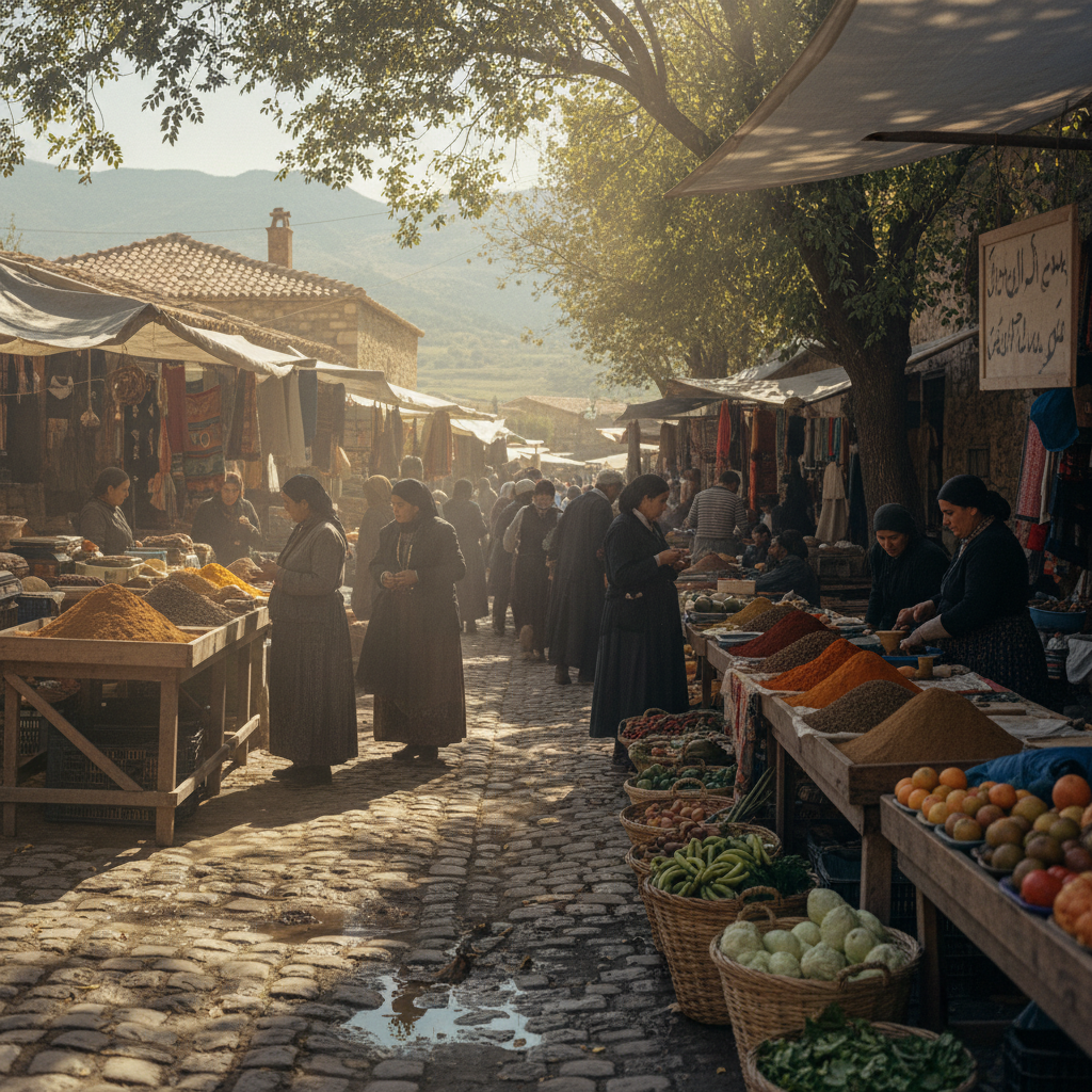 Vibrant food market in a Mediterranean city with colorful spices and fresh produce in bright daylight