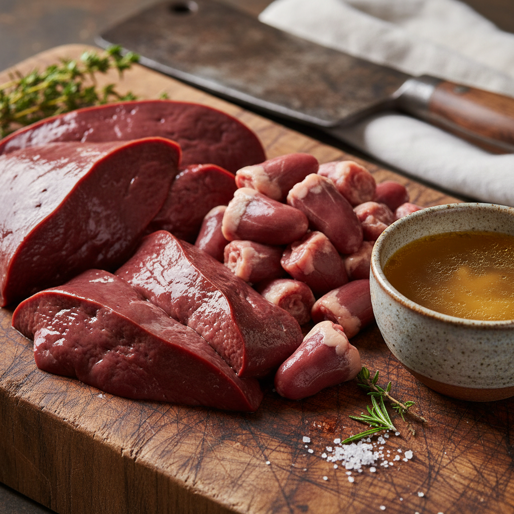Beef liver and chicken hearts on a butcher block, fresh and glistening, next to a small ceramic bowl of bone broth
