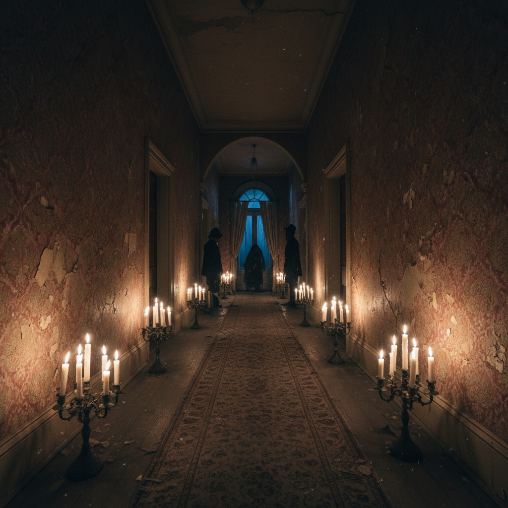 Dark cinematic horror atmosphere — dim candlelit room with deep shadows, misty air, eerie low-key lighting, black walls