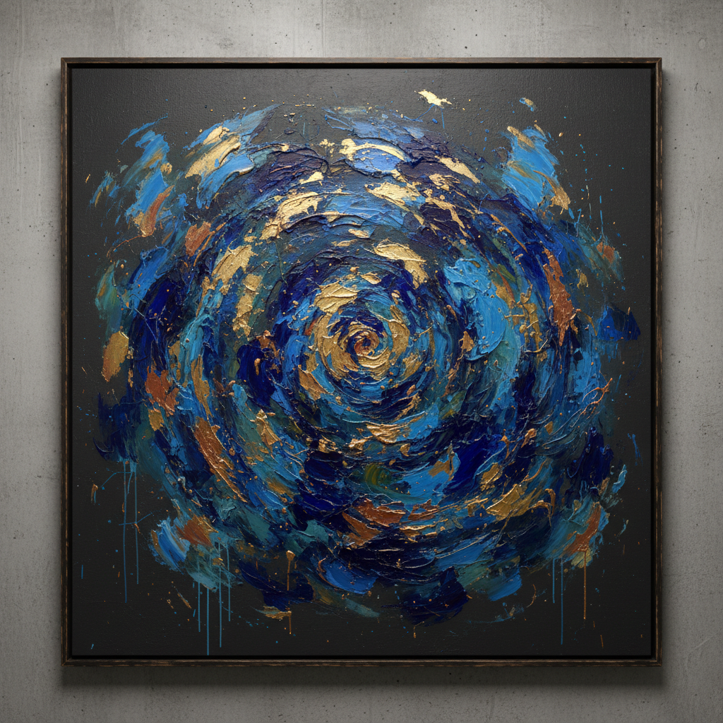 Abstract expressionist painting with deep blues and gold meridian lines on dark canvas