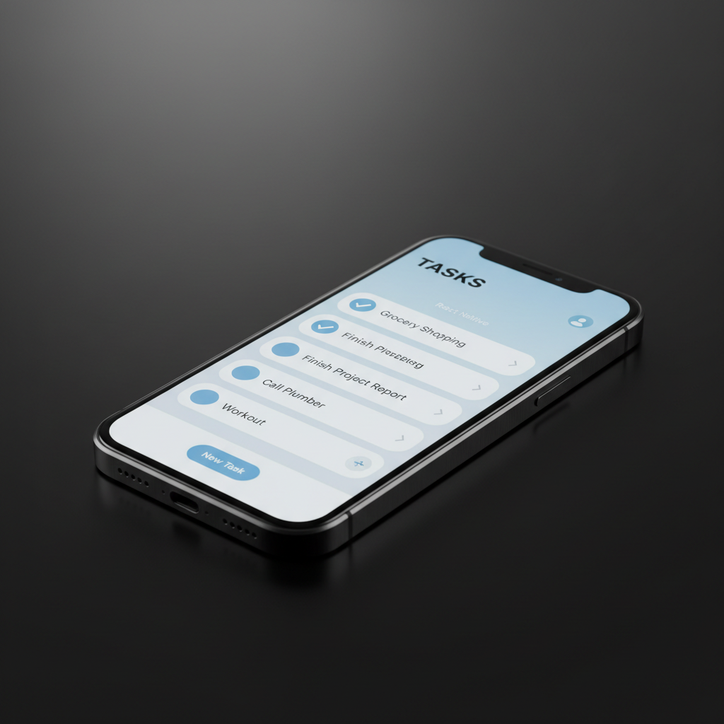 Clean minimalist task planning interface on a smartphone, bright airy environment, light wooden desk