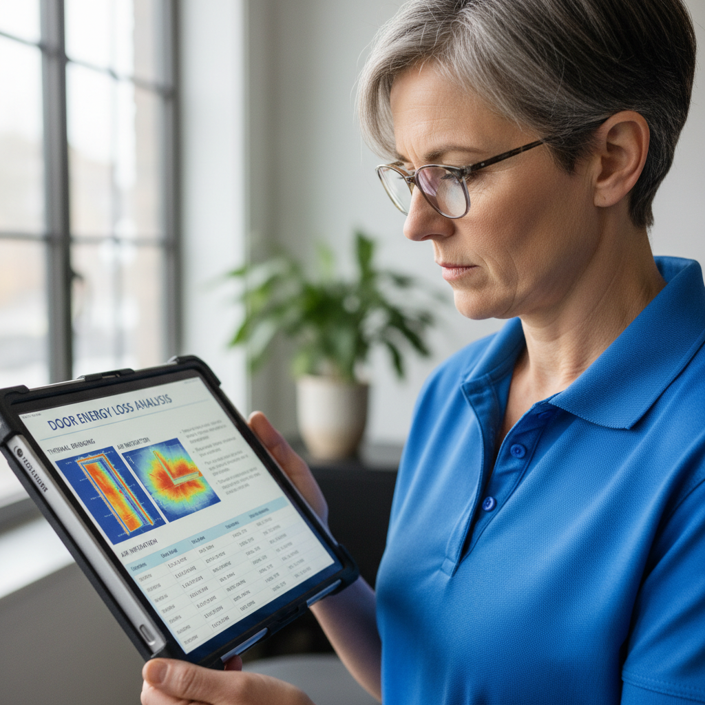 Facility manager reviewing a detailed thermal diagnostic report on a tablet showing door energy loss data